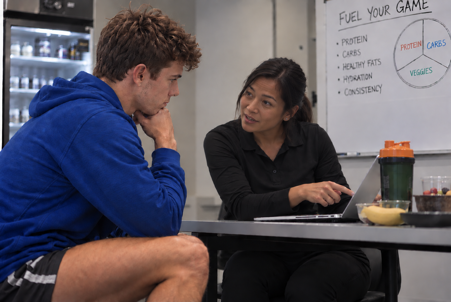 A sports dietitian consulting with an athlete