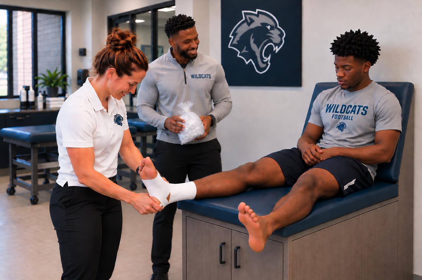 A sports medicine team caring for an athlete in a training room