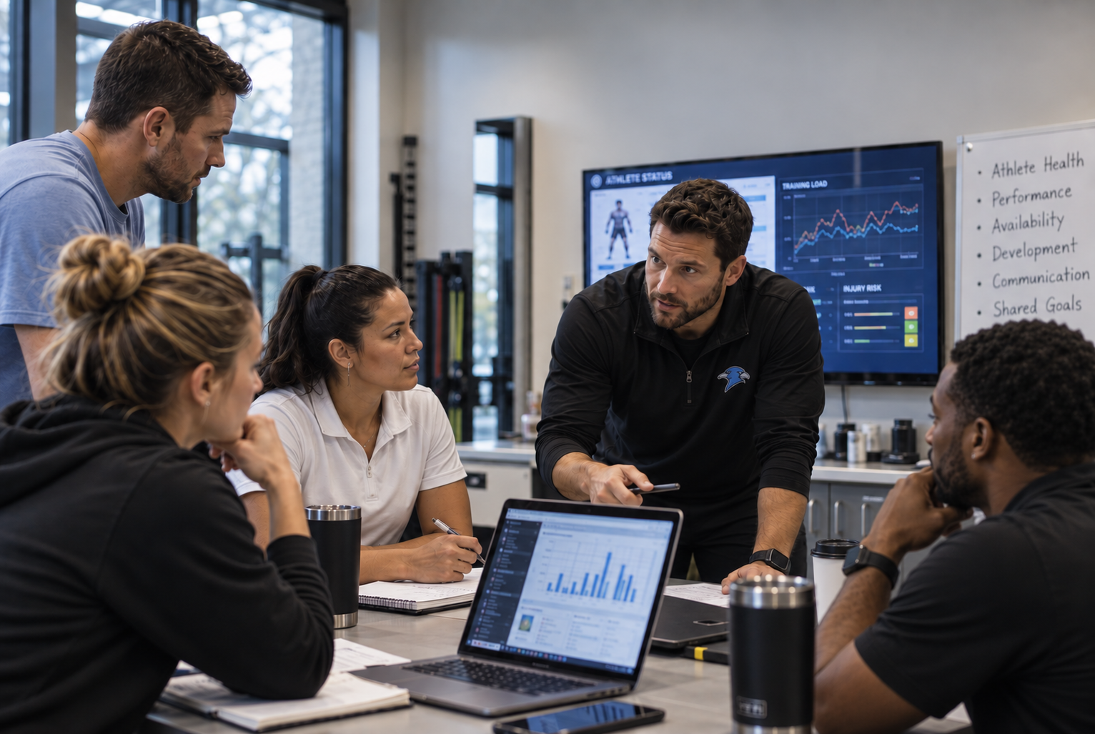 A performance staff collaborating around athlete data in a meeting