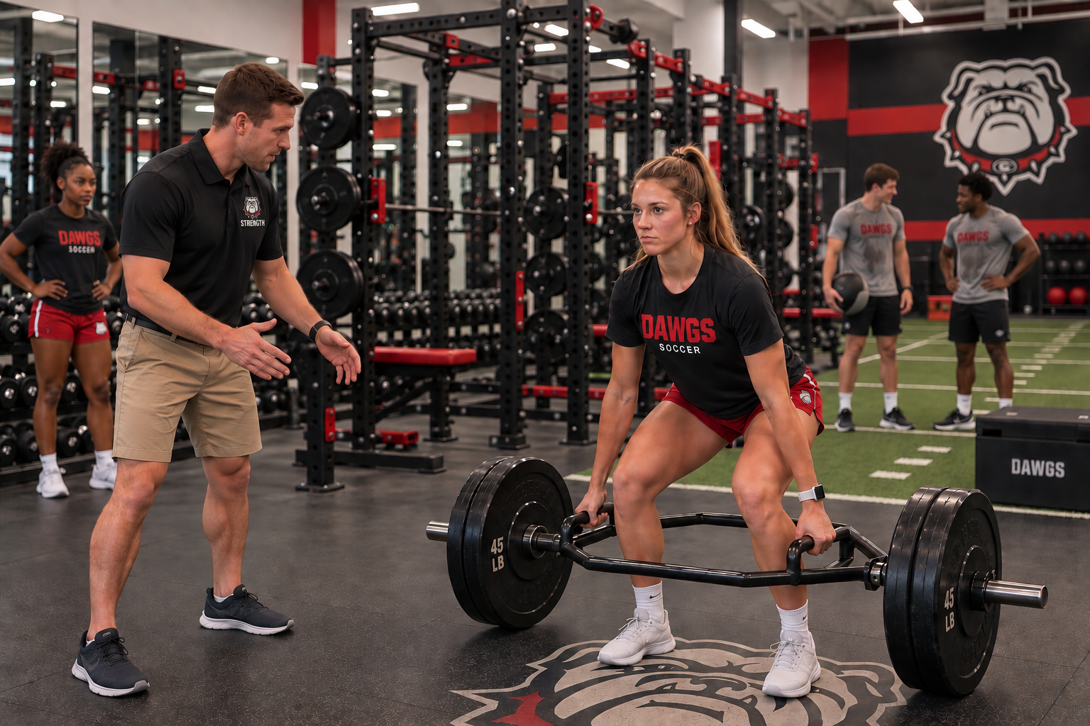 A strength coach guiding an athlete through a lift in a weight room